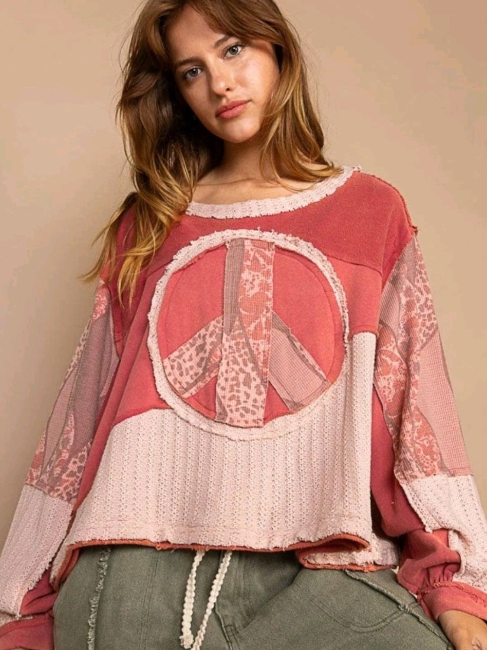 POL Peace and Love Long Sleeve Peace Emblem Terry Top in Red